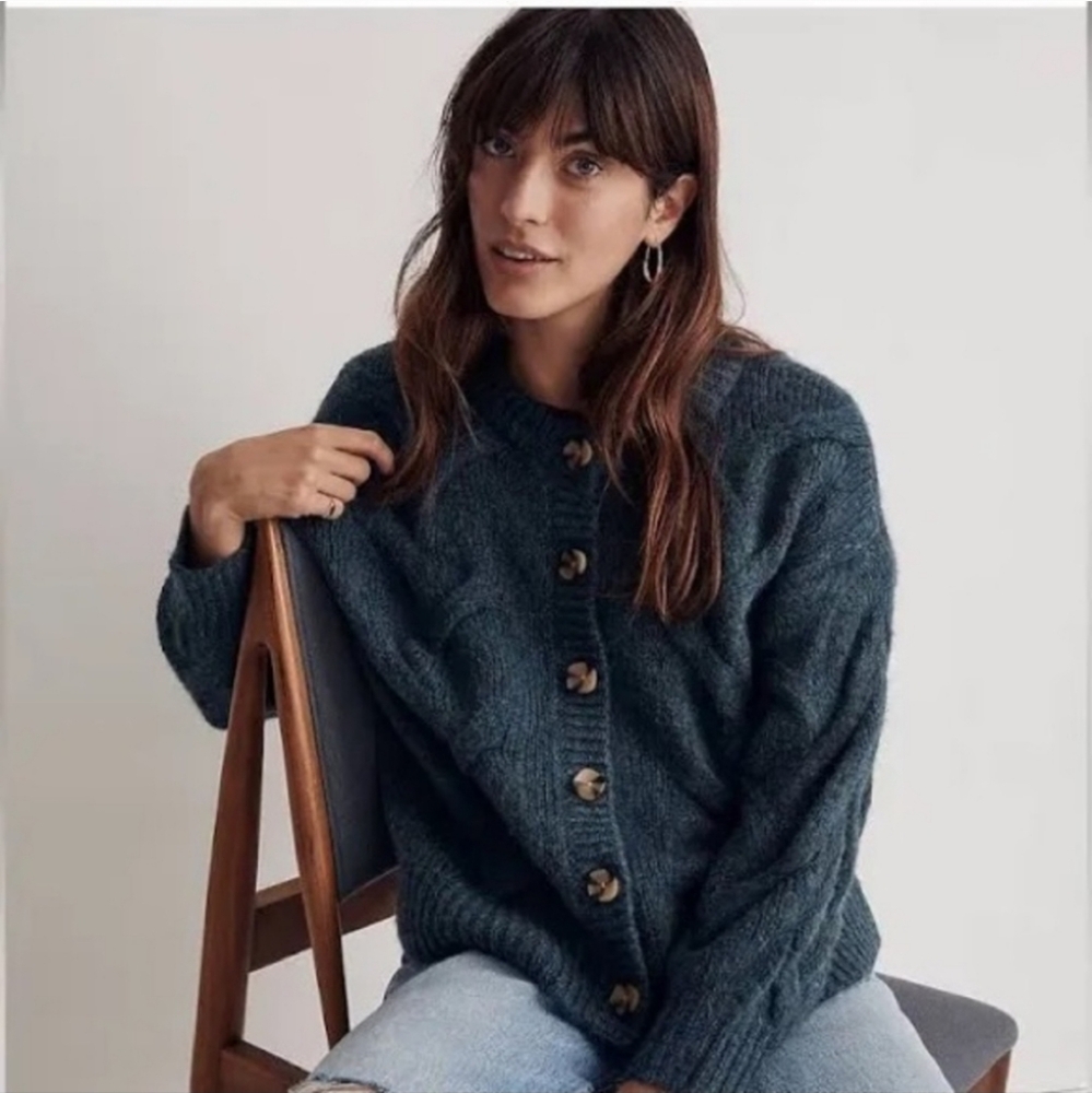 NWT Madewell Ashmont Cardigan Sweater Heather Mineral Blue Cable Knit Size XL
